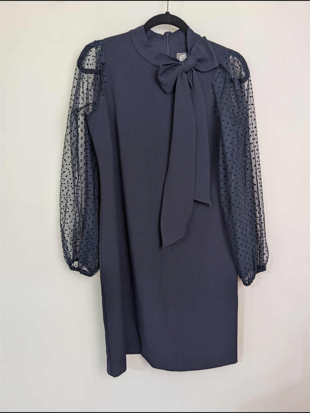 Vince Camuto Navy Blue Bow-Tie Sheer Puff Sleeve Midi Dress Size 6 Work Cocktail